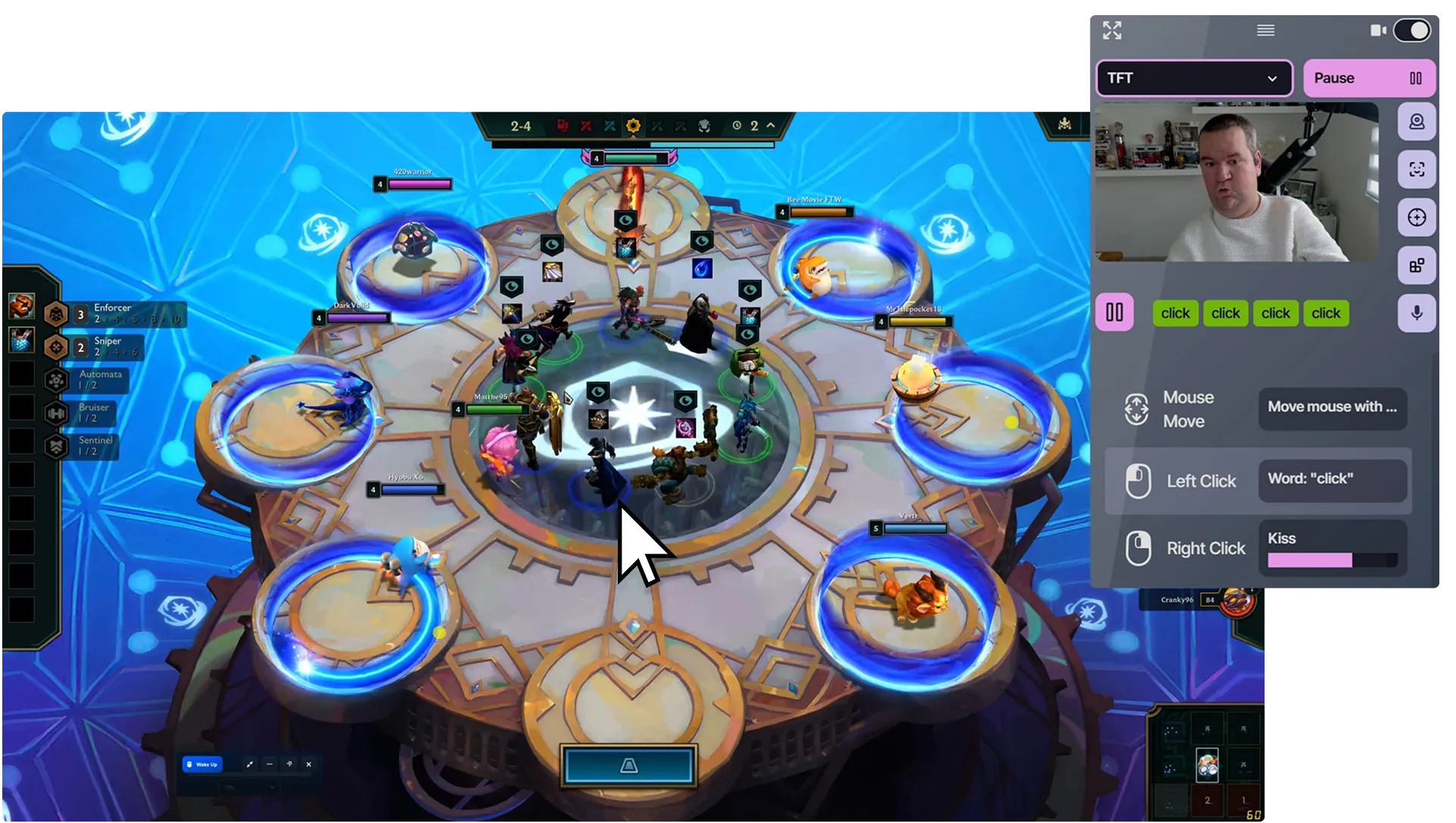 Une configuration PlayAbility à côté de Teamfight Tactics, avec déplacement du pointeur, mot click pour le clic gauche et geste de bisou pour le clic droit.